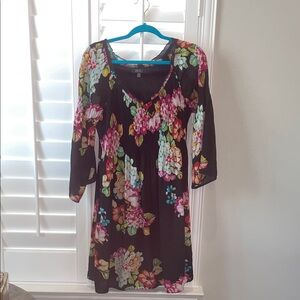 Spense Black Dress with Pink Yellow Teal Floral Trim Accent